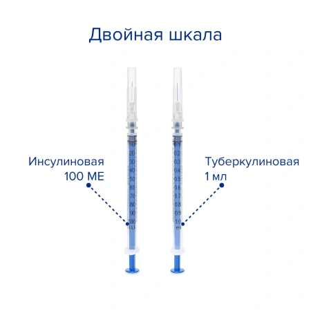 Инсулиновый шприц с иглой, 1 мл, 100 шт, Apexmed